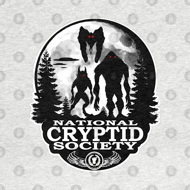 Bigfoot Dogman Mothman UFO Moon National Cryptid Society Crest Logo by National Cryptid Society